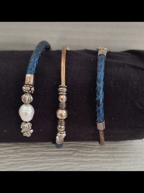 Trio of Blue Leather & Silver-Tone Bracelet Stack